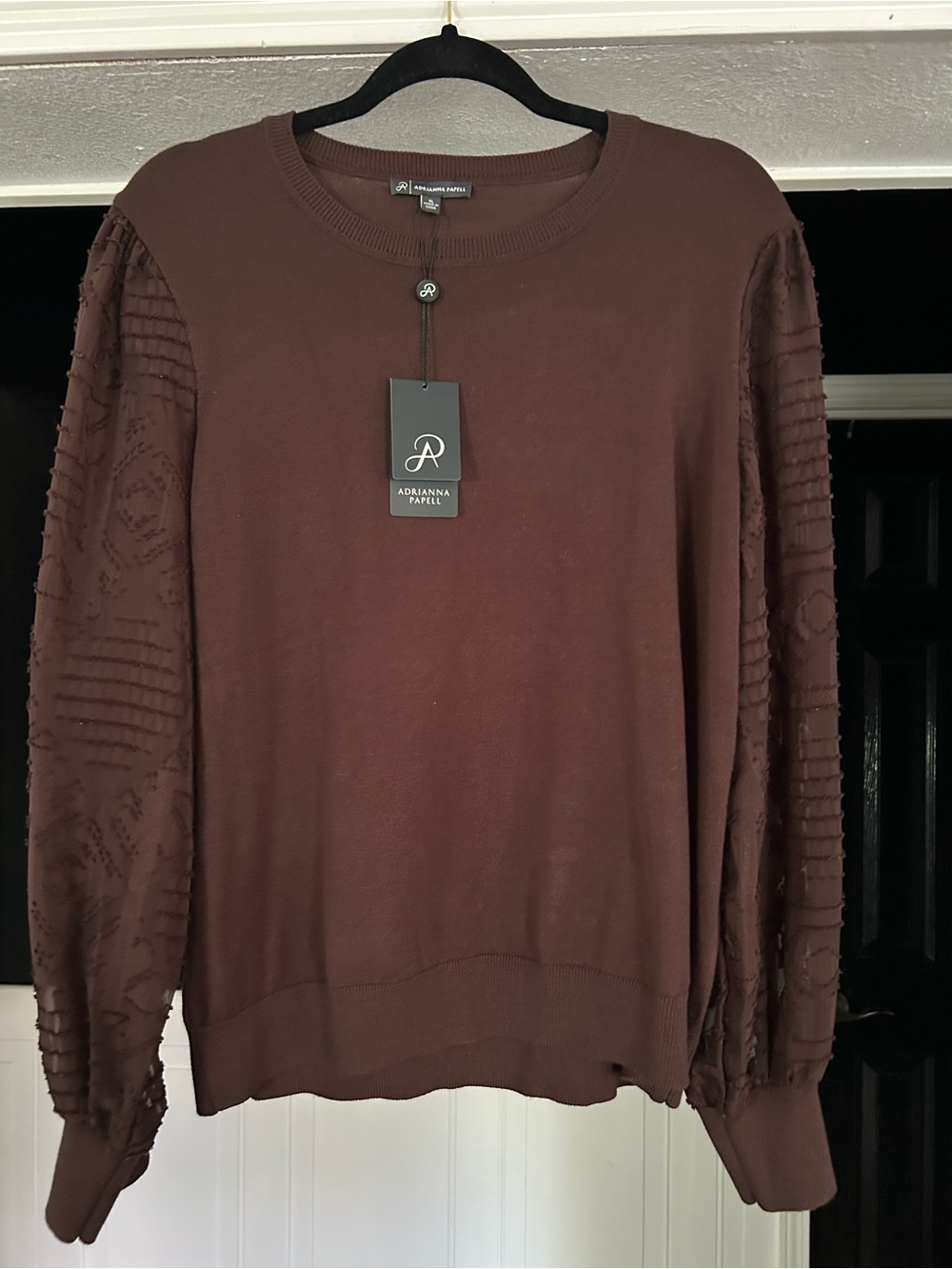 Adrianna Papell Chocolate Brown Crewneck Sweater with Textured Sleeves